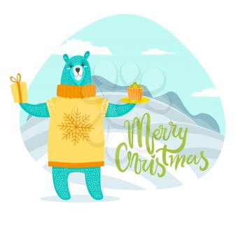 Merry Christmas greeting card with bear in sweater, holds present with bow and delicious cupcake on plate isolated cartoon vector on winter landscape