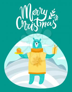 Merry Christmas card with bear on winter landscape dressed in knitted sweater holding present and cake. Vector illustration with friendly polar bear