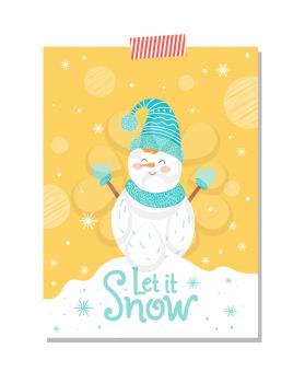 Let it snow postcard with smiling snowman in blue knitted scarf, hat and mittens vector with winter creature in snowflakes greeting card design