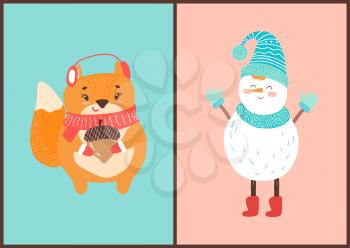 Happy squirrel and snowman icons on blue and pink background. Vector illustration with snowman and animal dressed in knitted scarfs, hats and mittens