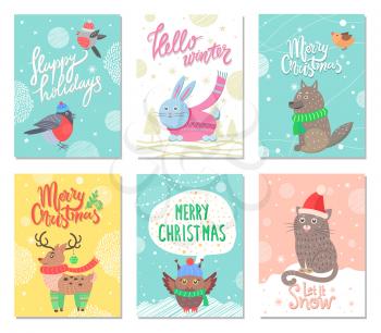 Happy holidays and merry Christmas set of posters with cute animals dressed in warm hats, scarfs and mittens. Vector illustration with colorful postcards