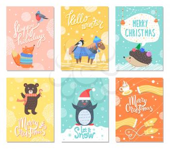 Happy holidays, hello winter, let it snow and merry Christmas, collection of cards with penguin, horse and bird, bar and fox on vector illustration