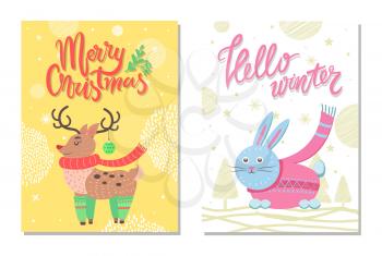 Merry Christmas hello winter postcards with rabbit in pink sweater with scarf on snowflakes, reindeer in green socks vector posters with greetings