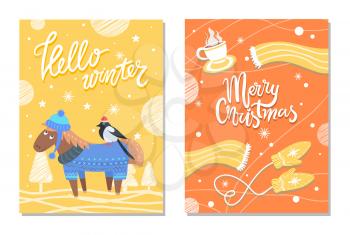Hello winter Merry Christmas postcards with donkey hipster in sweater with bullfinch on his bag, warm knitted scarf and mittens, cup of coffee vector