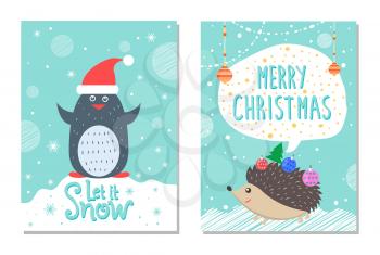 Let it snow Merry Christmas greeting cards penguin in red Santas hat and hedgehog with balls on back, winter landscape background vector illustration