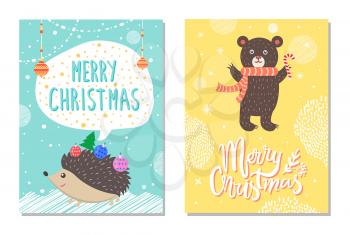 Merry Christmas wishes from cute hedgehog decorated by New year balls and bear with lollipop on background of winter snowflakes vector illustrations
