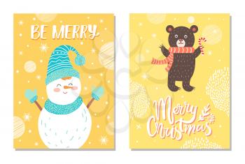 Merry Christmas postcards with smiling snowman in blue knitted scarf, hat and mittens and brown bear with sweet candy vector with winter greetings poster