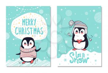 Merry Christmas let it snow greeting cards with penguins in warm hat and sweater on winter landscape background, cute polar bird in headwear vector