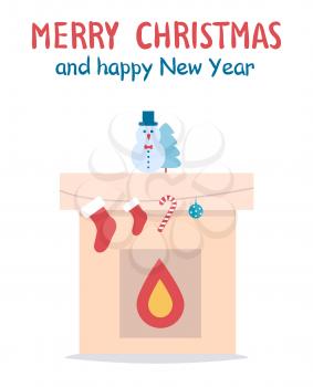 Merry Christmas and happy New Year placard with fireplace, socks and candy, ball and snowman with hat, pine tree placed on its top vector illustration