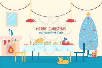 Merry Christmas and happy New Year, banner with served table, fireplace and traditional decorated tree, dog and presents on vector illustration