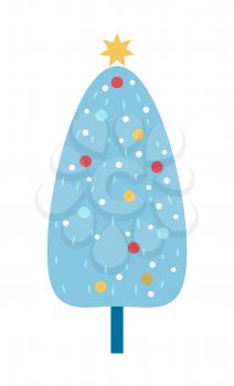Decorated Christmas tree icon isolated on white background. Vector illustration with blue spruce decorated with bright balls and shiny golden star on top