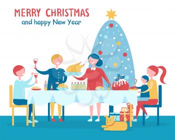 Merry Christmas and happy New Year, family having dinner together, served table, decorated tree and dog on floor isolated on vector illustration