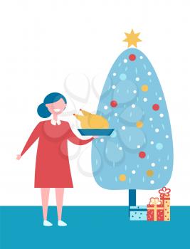 Christmas tree with presents and woman with dish prepared for holiday dinner. Vector illustration with decorated spruce and mother holding fried turkey