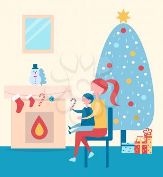Christmas atmosphere, poster depicting mother and her kid looking at fireplace, evergreen tree with presents behind them on vector illustration