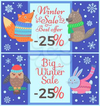 Winter sale best offer -25 , set of posters with title in frame and images of fox and wolf, owl and rabbit in sweater on vector illustration