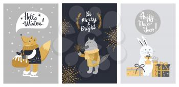 Hello winter, be merry and bright colourful banner with animals on grey and black backgrounds. Vector illustration of fox on skates with xmas cake, wolf with sparkler, rabbit with present boxes