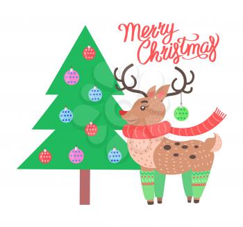 Merry Christmas banner depicting title and icon of reindeer wearing scarf and socks standing by tree with toys vector illustration
