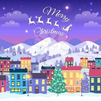 Merry Christmas and Happy New Year. Vector illustration of decorated town houses and adorned spruces in winter time in cartoon style. High mountains covered with snow in evening on background.