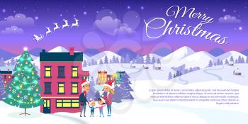 Happy family is outside near decorated Christmas tree. Merry Christmas on city and blue sky background. Vector illustration of emblem of flying white Santa in sleigh harnessed by four strong reindeers