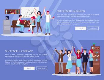 Successful business and company, pages with text sample and two buttons in it, workers relaxing and celebrating in office vector illustration