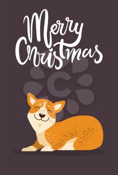 Merry Christmas headline written in calligraphic form and calm dog with happy face and closed eyes, vector illustration isolated on brown background