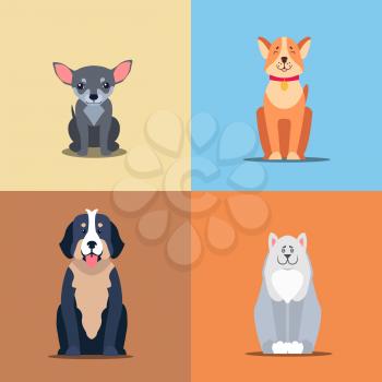 Cute dogs cartoon icons set. Happy doggies sitting with smiling muzzle and hanging out tongue flat vector on colorful background. Lovely purebred pets illustration for vet clinic, breed club or shop ad