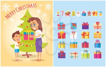 Merry Christmas postcard with mother giving present to son and set of gift boxes in color wrapping, icons of candy stick, spruce cones, snowman in scarf
