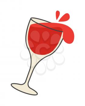 Red wine pours out of overturned glass cartoon style isolated on white background. Realistic symbol with two flying drops. Vector illustration flat design hand drawn pattern for websites, infographics