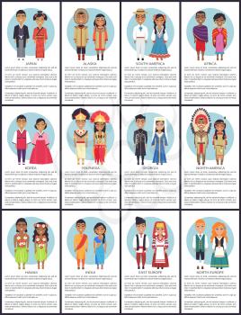 Japan and alaska, south america and africa, set of posters with variety of nationalities worldwide, text sample below each image vector illustration