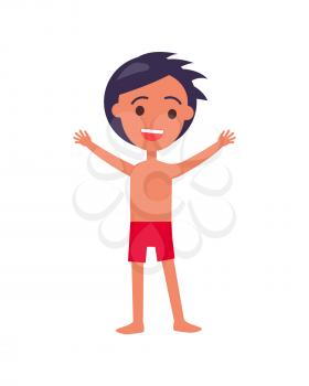 Joyful brunette schoolboy wearing red swim suit with wide open hands raised up isolated vector illustration on white background