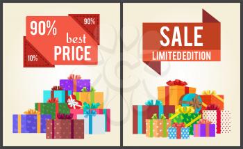 90 best price limited edition total sale shop now set of posters with advertisement labels and piles of gift boxes vector isolated on white background