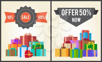 10 to 90 sale best half price offer shop now total guarantee set of labels on posters with piles of gift boxes, presents inside vector illustrations