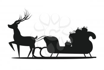 Santa Claus sledge silhouette icon isolated on white background. Vector illustration with reindeer and sleigh with gift boxes decorated by bows