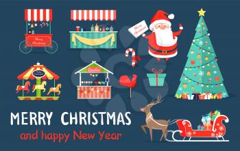 Merry Christmas icons set, Santa Claus standing with sign, various shops and carousel, reindeer with presents, evergreen tree on vector illustration