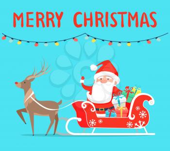 Merry Christmas Santa with reindeer on sledge with presents decorated by bows. Vector illustration xmas congratulations on light blue background
