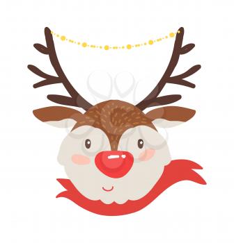 Rudolf deer in red scarf icon isolated on white background. Vector illustration with smiling animal with brown horns decorated with shiny garland