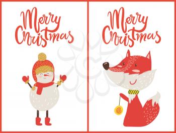 Merry Christmas, placard made up of headlines and images of red fox with toy and snowman with boots and hat, banners isolated on vector illustration