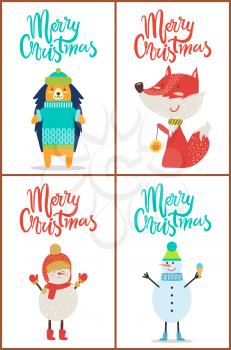 Merry Christmas, set of animals wearing sweater and hats and playing with toy, and snowman with ice-crean wearing red scarf on vector illustration