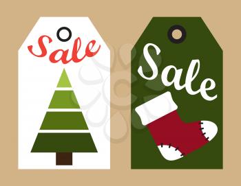 Sale New Year collection of badges, images of red sock and green tree represented in schematic way, headlines isolated on vector illustration