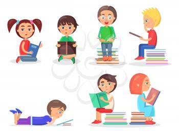 Small girls and boys sitting on floor on heap of literature, lying and holding color textbooks vector illustration isolated on white.