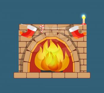 Christmas poster with fireplace and candle with candy and red socks, traditional interior decoration for winter holidays vector illustration