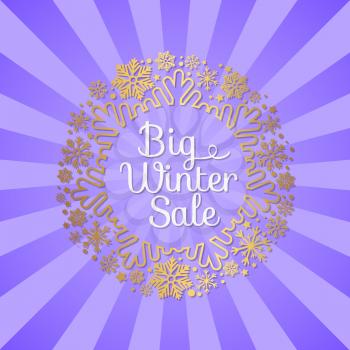 Big winter sale inscription in ornamental frame made of gold snowflakes and decor elements vector illustration banner with text isolated on purple rays