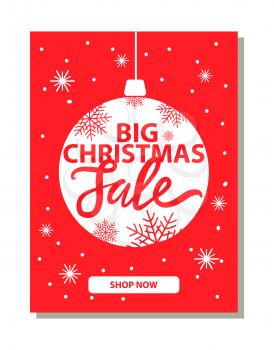 Big Christmas sale banner with decorative ball and button shop now vector illustration isolated on red background with xmas decorative toy and snowflakes