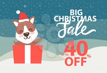 Big Christmas Sale up to 40 off promo poster with bear waving from gift box in Santa Claus hat vector illustration on background of snowy landscape