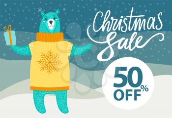 Christmas sale -50 off, poster consisting of callifraphic lettering, and image of bear in sweater and present in its paw, on vector illustration