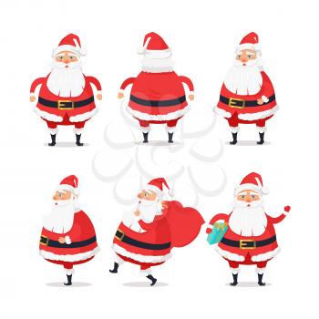 Santa Claus set isolated on white. Showing front, back and side view of Santa on white. Man in red warm coat, trousers, hat and boots with blue present in his arm. Vector in cartoon style design