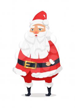 Isolated standing Santa Claus on white background. Vector illustration of old man with long beard worn in red warm coat trousers, soft hat, black boots wide belt. Element of holiday decor for shops