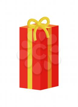Gift box decorated by ribbons with bows vector illustration. Festive red packages with yellow tape, wrapped objects isolated on white, Xmas holidays