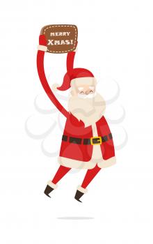 Jumping Santa Claus with brown table Merry Christmas. Vector illustration of fitness activities by smiling old man in red warm coat and trousers, soft hat, black boots and wide belt with golden buckle