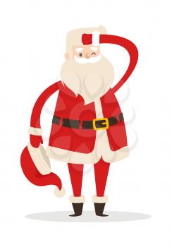 Santa Claus without hat looking far away with one hand near head. One eye is closed. Father Christmas in cartoon design. Funny magic character in flat. Vector illustration in winter holiday concept.